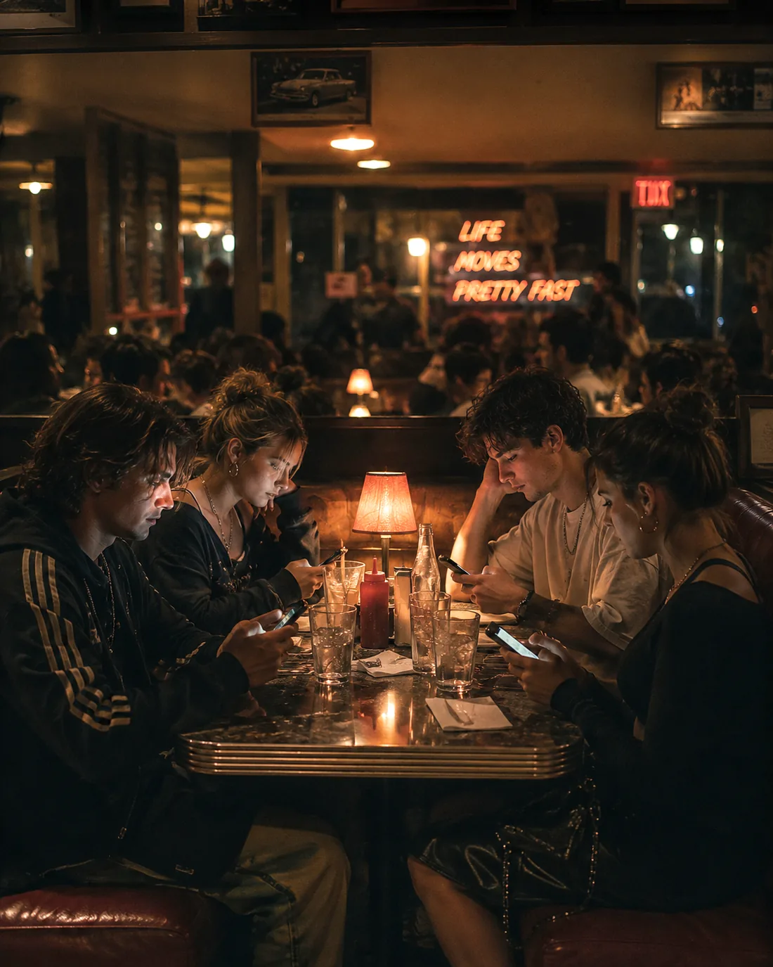 A restaurant in the evening, phones glowing at every table