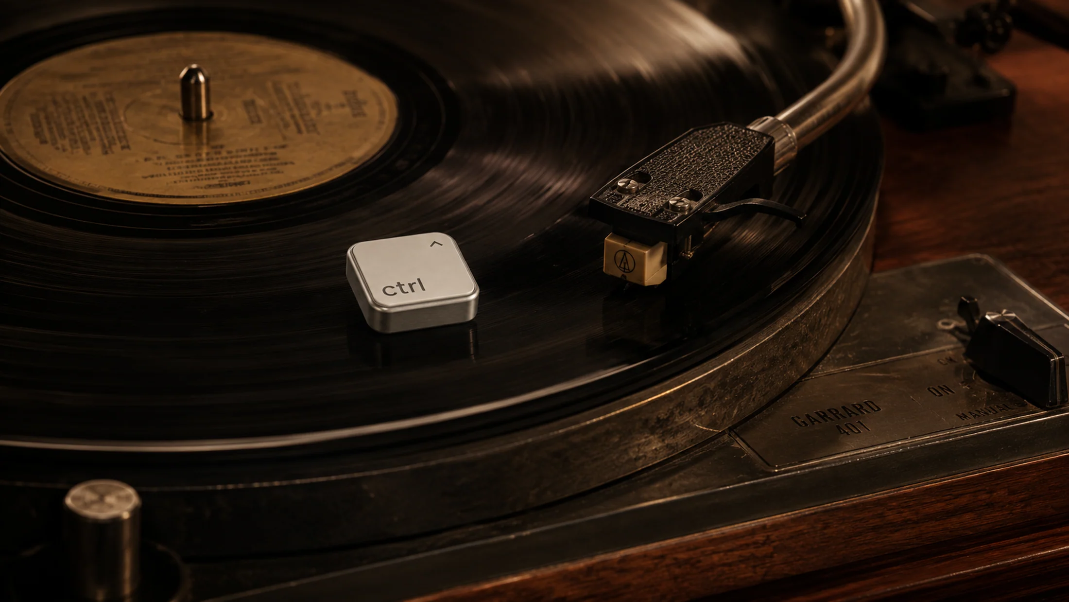 The ctrl key resting on a spinning record on a turntable