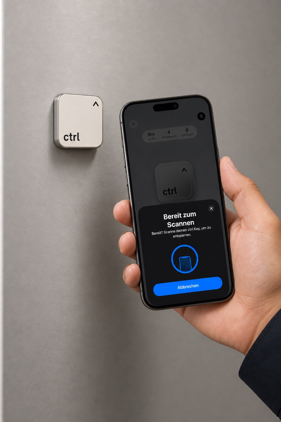 iPhone scanning the ctrl key mounted on a kitchen fridge