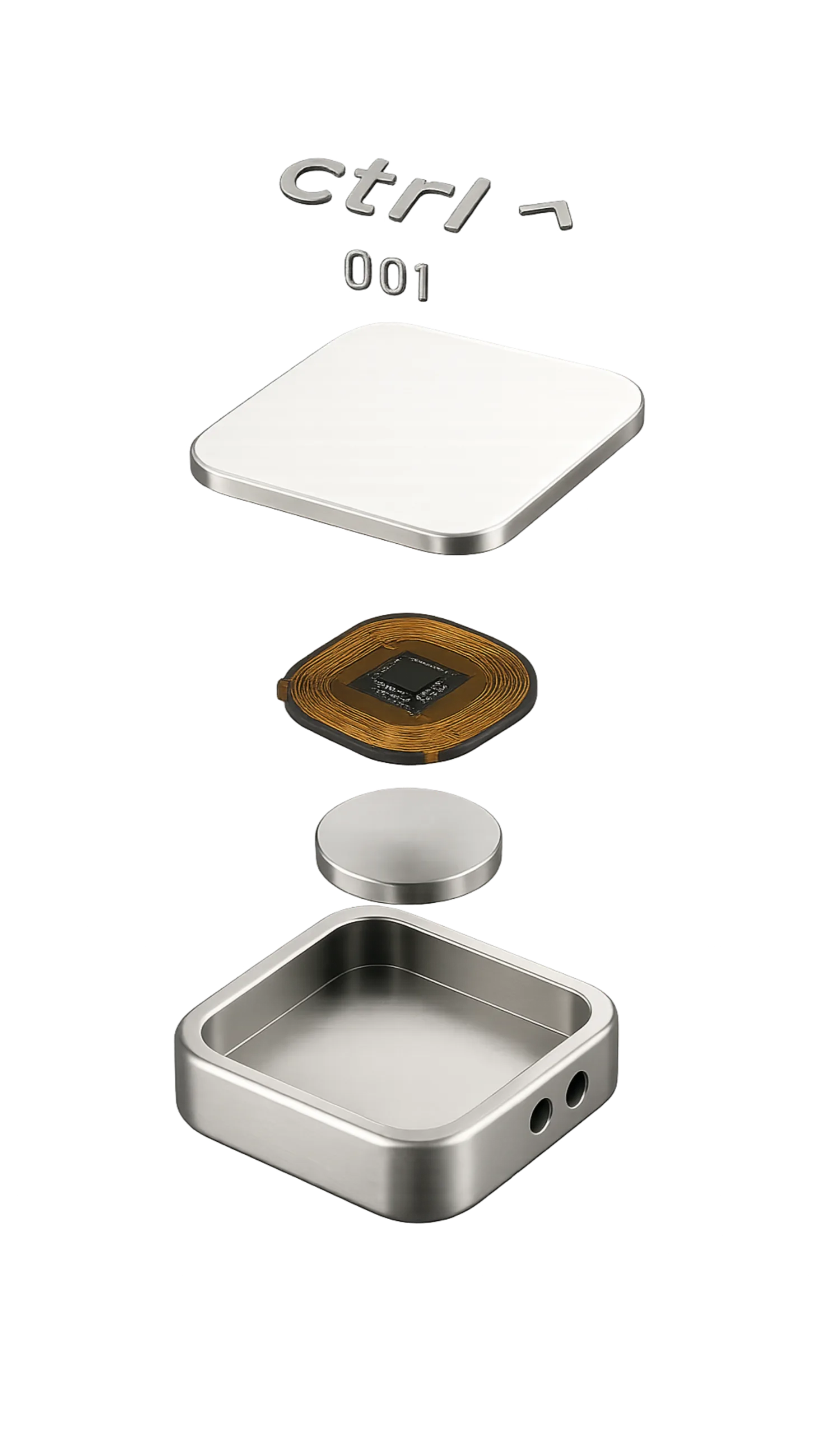 Exploded view of the ctrl key showing ceramic cap, NFC coil, weight plate and aluminum shell