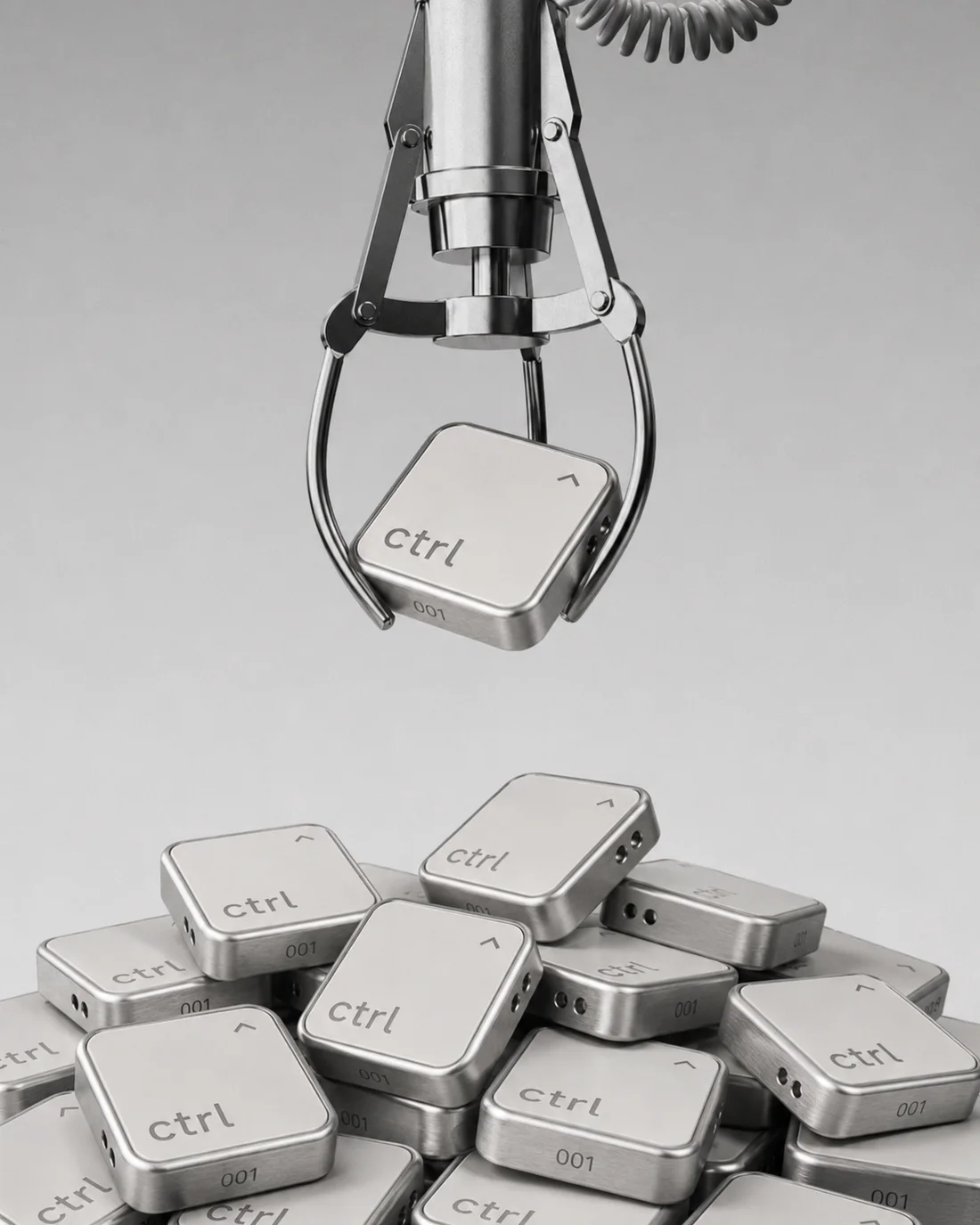 A gripper arm lifts one numbered ctrl key out of a pile of 500