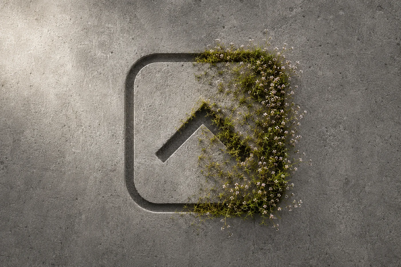 The ctrl key mark cast in a concrete wall, half overgrown with moss and tiny wildflowers