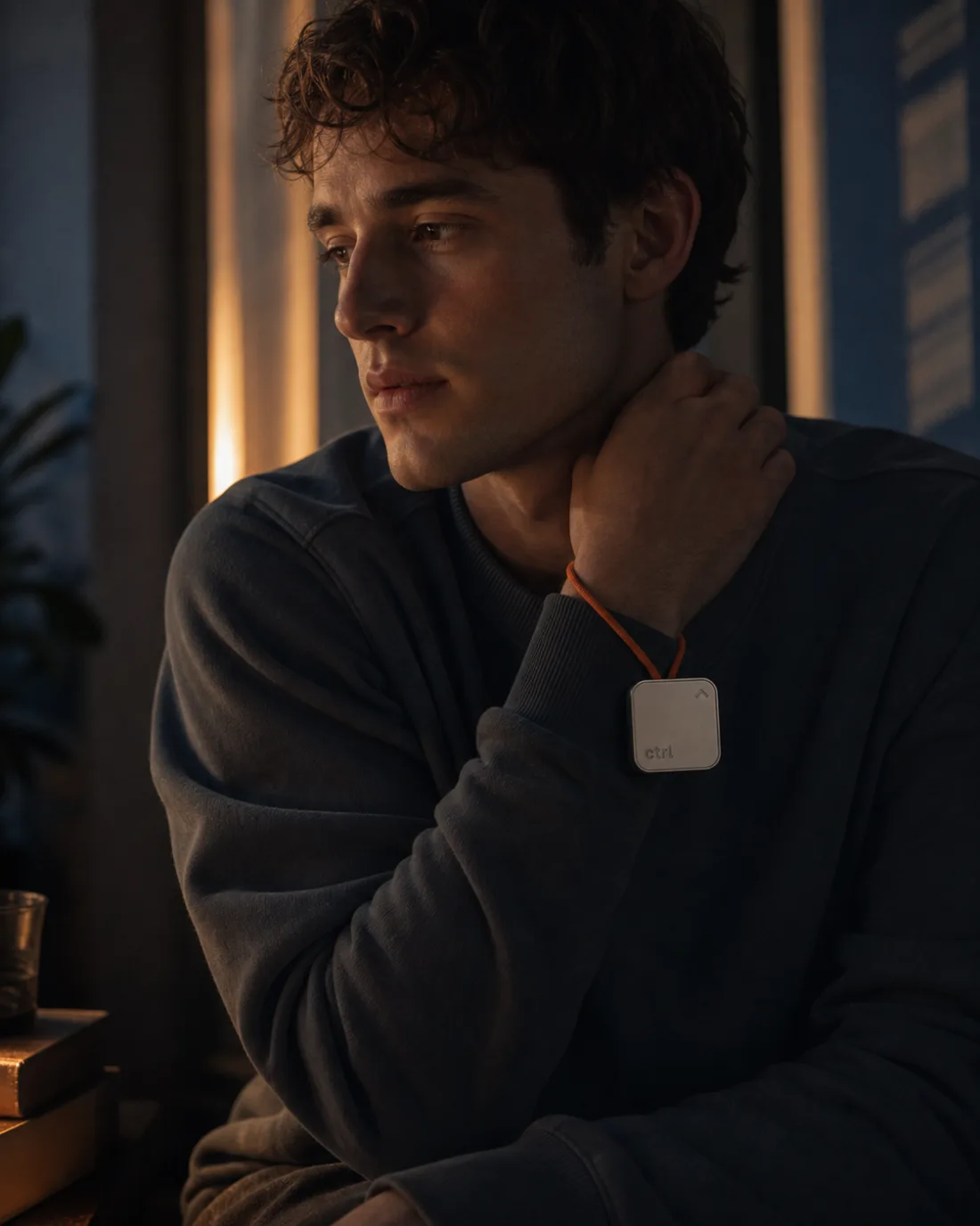 A man in warm evening light, the ctrl key on its strap