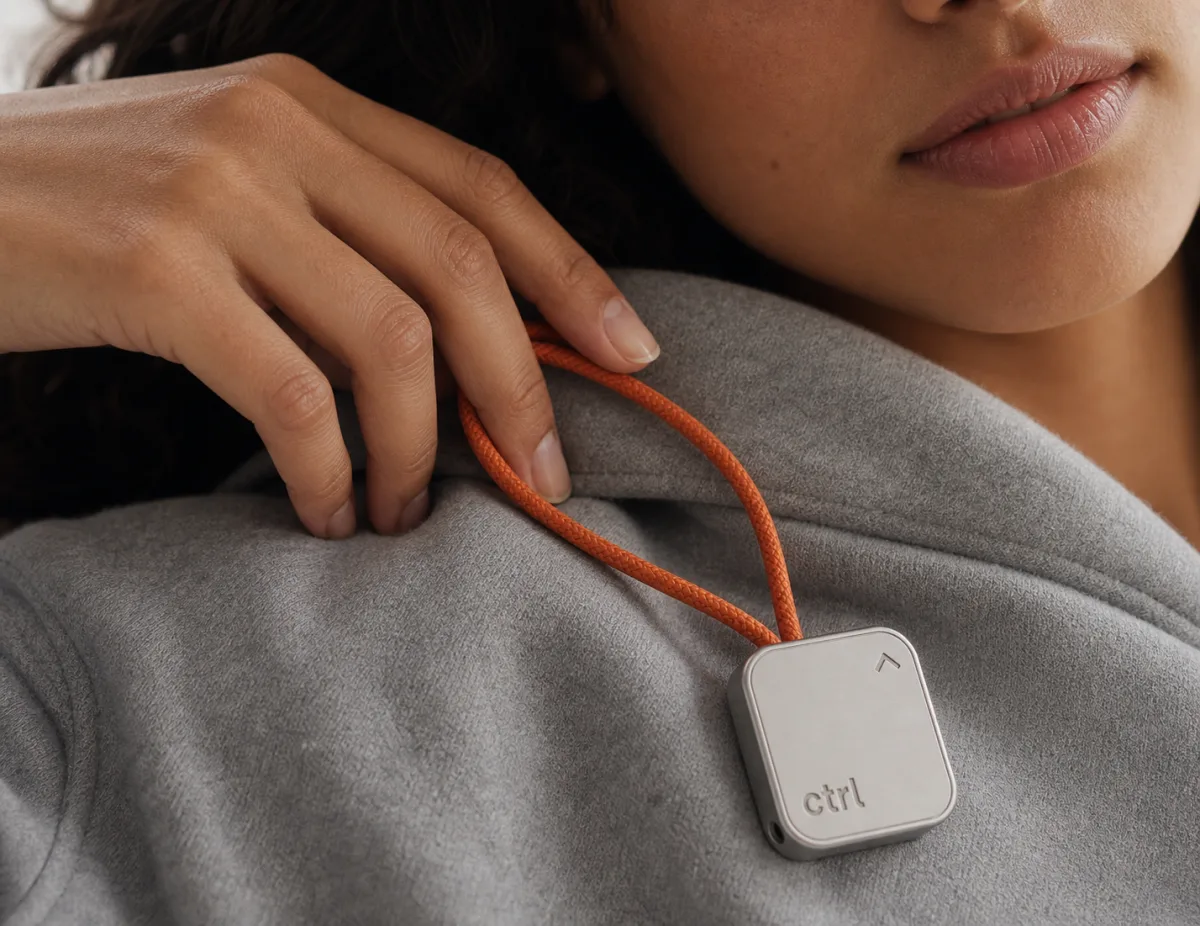Two people close together, the ctrl key on its orange strap